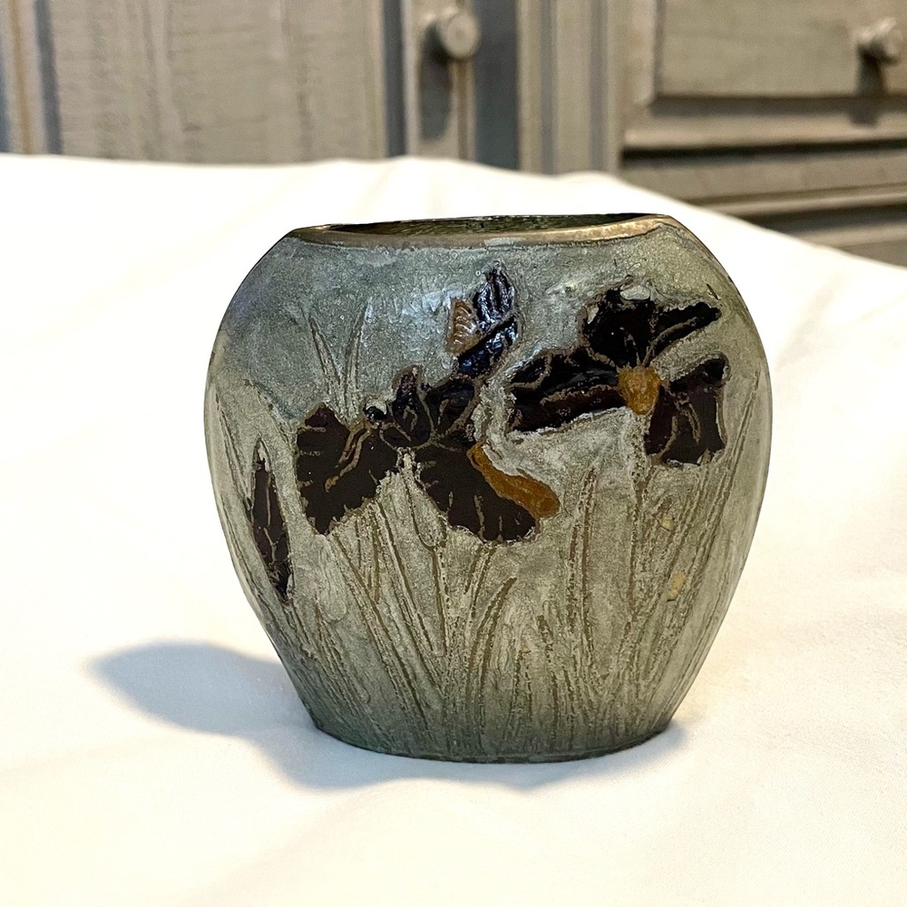 *EUC* Enameled Solid Brass Vase - Enamel Flowers - 4.25" x 5” - Made In India